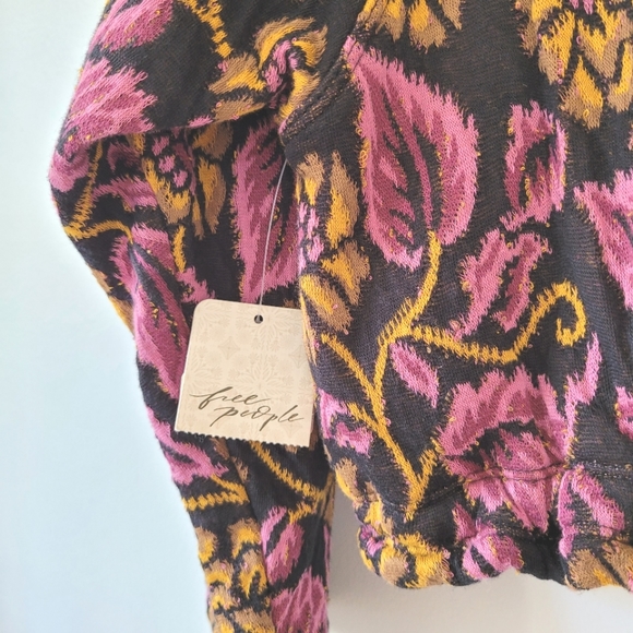 FREE PEOPLE Floral Purple & Yellow Open Back Boat Neck Puff Sleeve Cotton Top - Picture 14 of 15